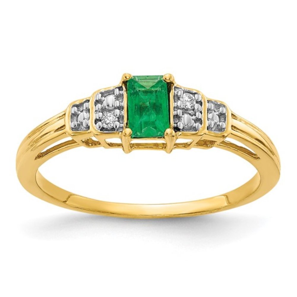 14k Yellow Gold Natural Emerald & Diamond Ring Mother's Day Birthday Anniversary